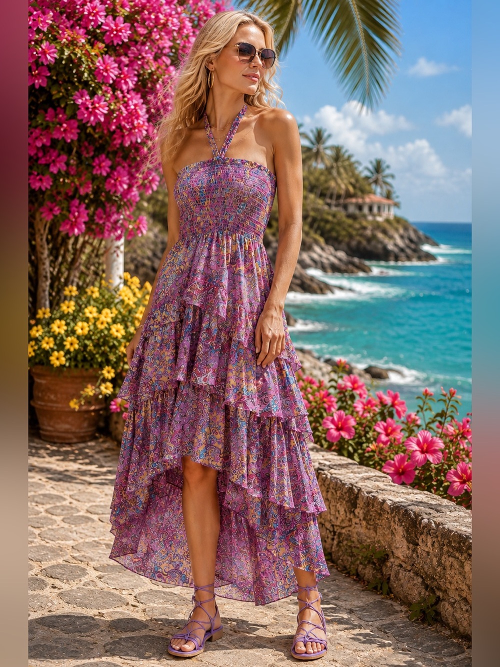 NWT Hale Bob Kestral Chiffon Smocked Tiered Halter Midi Dress in Purple Paisley